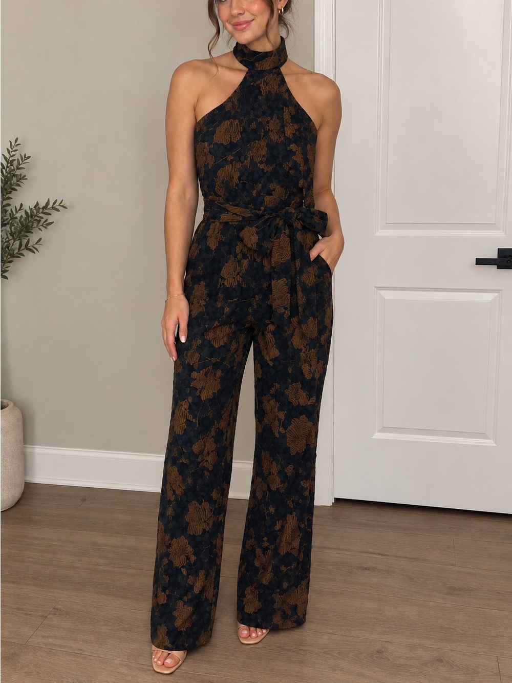 Halter-Neck Floral Tie-Waist Jumpsuit